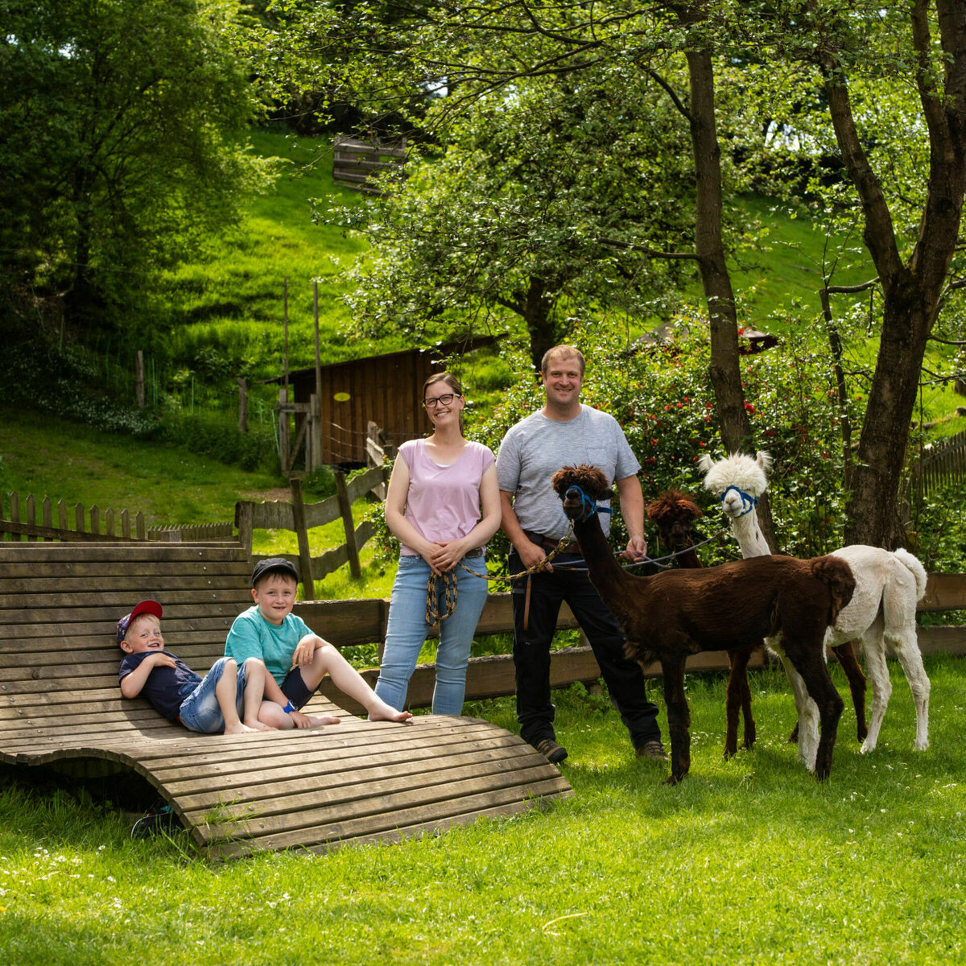 Gastgeberfamilie mit Alpaka, 2 Kinder auf der Bank 