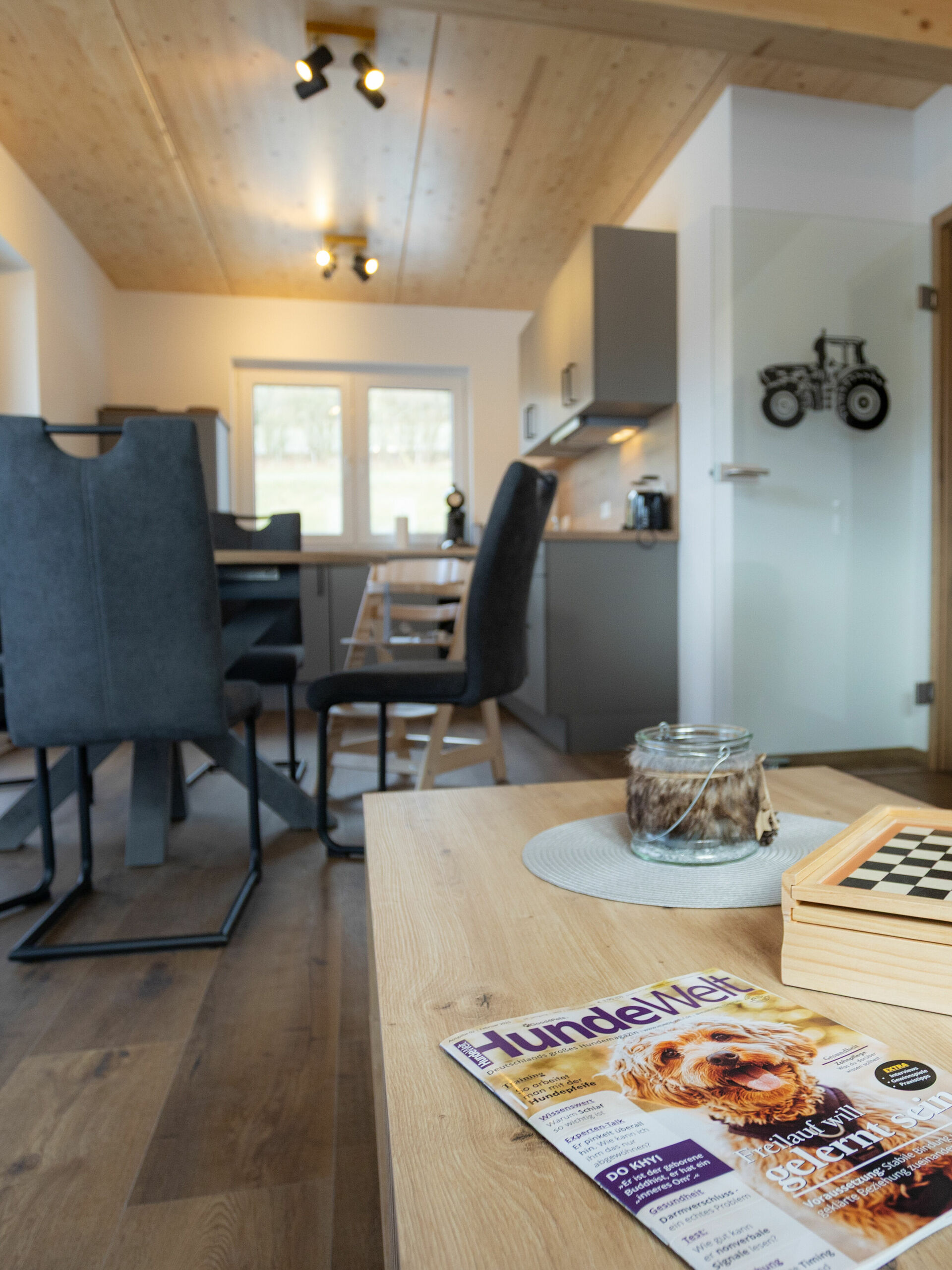 Blick auf Wohn-, Ess- und Küchenbereich, modern eingerichtet, Spielbrett und Hundezeitung auf Wohnzimmertisch 